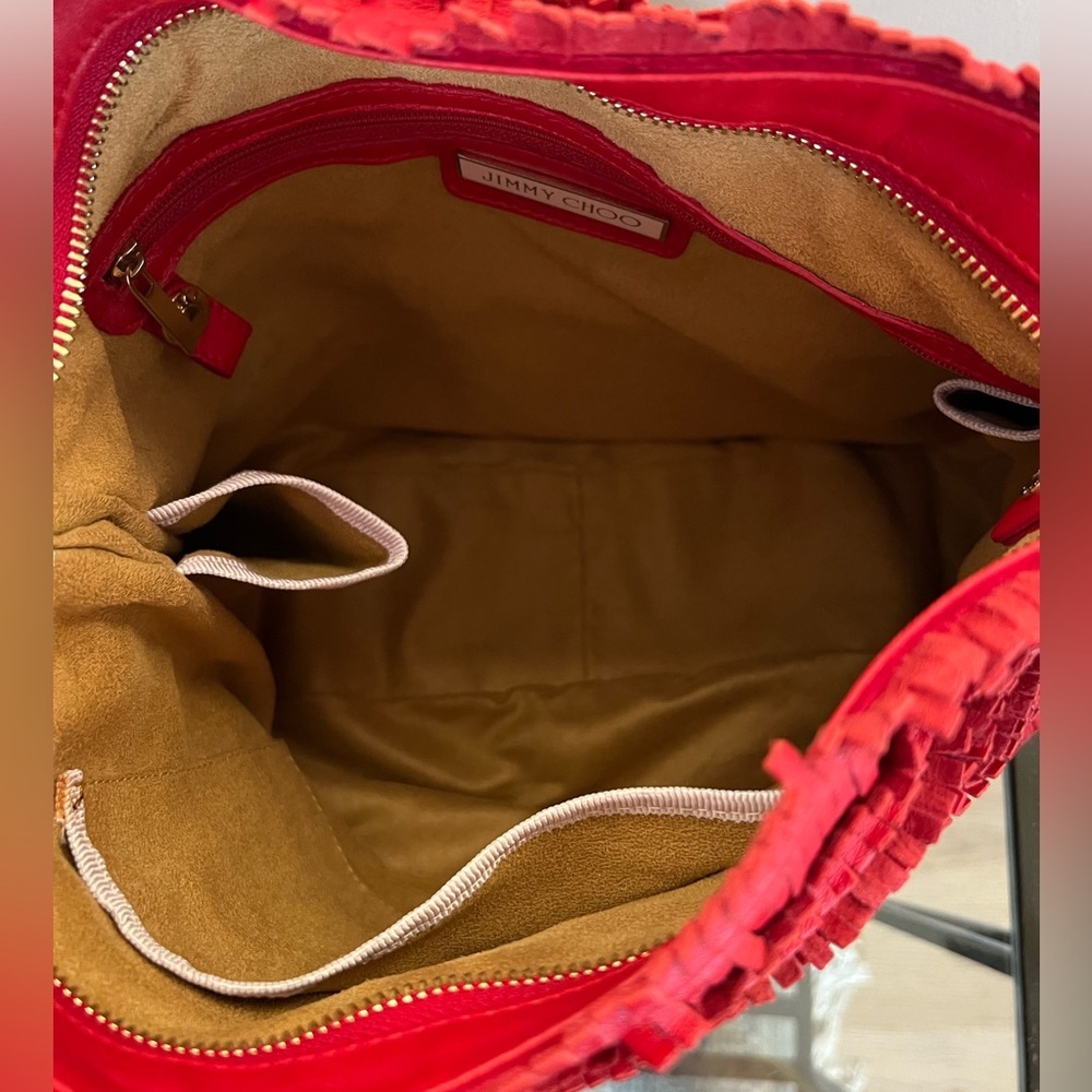 Jimmy Choo Red Suede Leather and Snakeskin Fringe Hobo Shoulder Bag - Picture 12 of 16